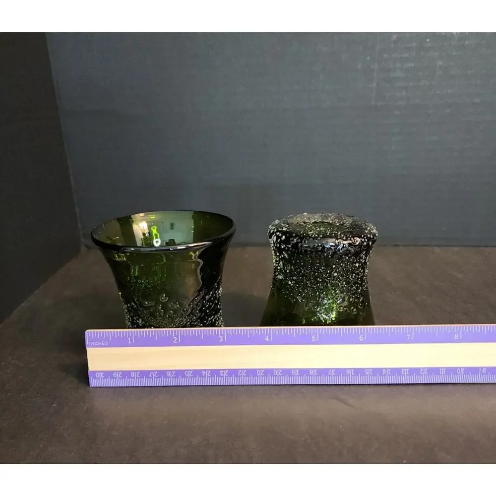 Hand Blow Art Glass Frit Overshot Green 2 Votive Candle Holders, Vases, Juice